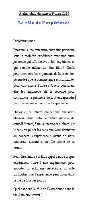 Atelier philo l experience